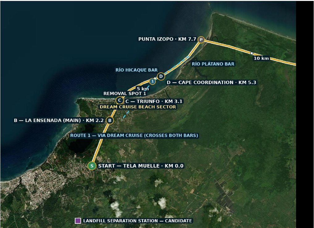 West detail of the 29-kilometer line — KM 0.0 to 7.7